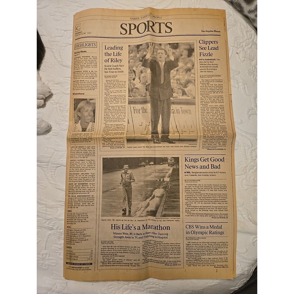 Los Angeles Times Sports Section February 26, 1992 Knicks Riley Tiger Woods Etc.